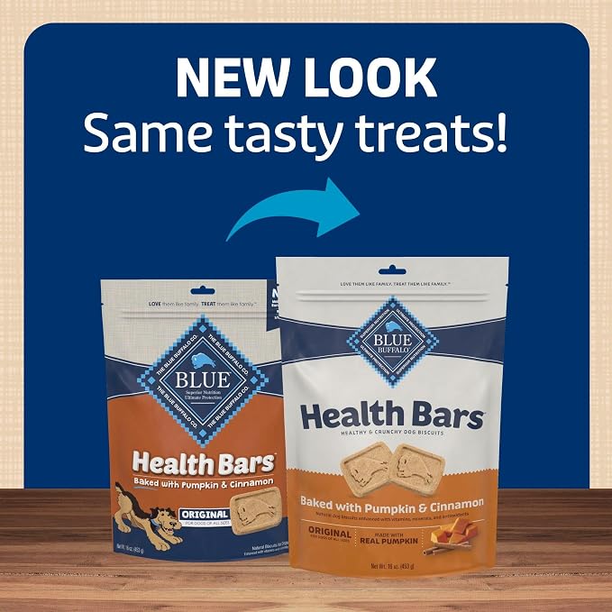 Blue Buffalo Health Bars Pumpkin & Cinnamon Crunchy Dog Biscuits, Oven-Baked with Pumpkin & Natural Ingredients, Healthy Dog Treats with No Artificial Flavors or Preservatives, 16 oz.