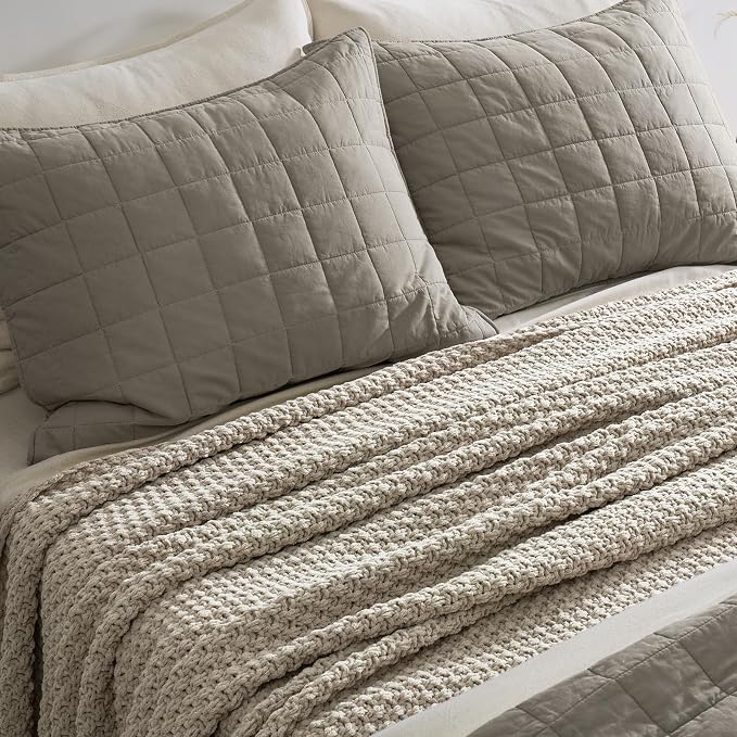 EVERGRACEHOME Chunky Polyester Knit Throw Blanket for Couch, Soft Luxurious Oversized King Moss Stitch Blanket for Bed, Large Cozy Farmhouse Knitted Throw for Sofa, Warm Gray, 108" x 92"