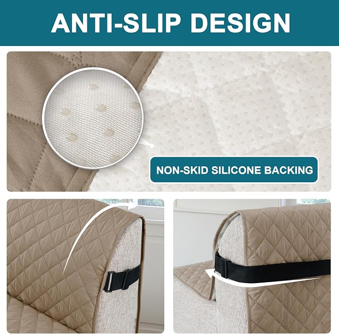 Turquoize 100% Waterproof Futon Cover Futon Slipcover Washable Armless Sofa Bed Slipcover Protector Seat Width Up to 70" with Adjustable Elastic Strap Anti-Slip for Dogs, Taupe