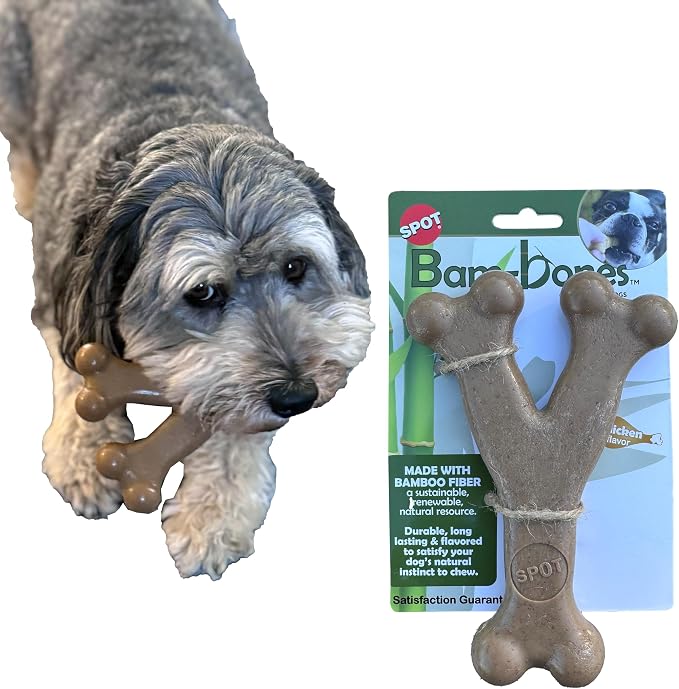 SPOT Bam-Bones Wishbone Dog Chew Toy, Bamboo Fiber Blend, Non-Splintering Durable Chew for Light to Moderate Chewers, Adult Dogs & Teething Puppies 25–50 lbs, Chicken Flavor, 7 in
