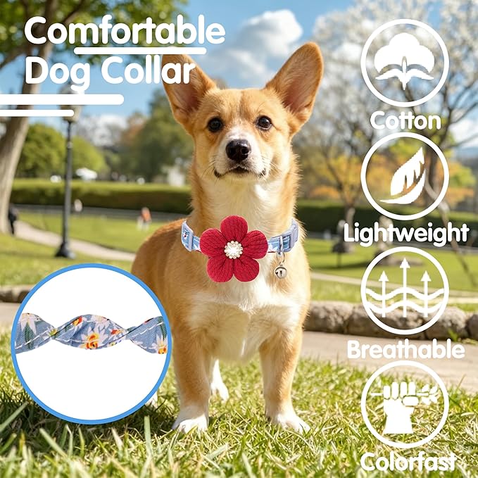 Small Dog Collar with Flower, Spring Dog Collar for Girl Dog Collars for Small Dogs Cute Dog Collar with Bell, Adjustable Length
