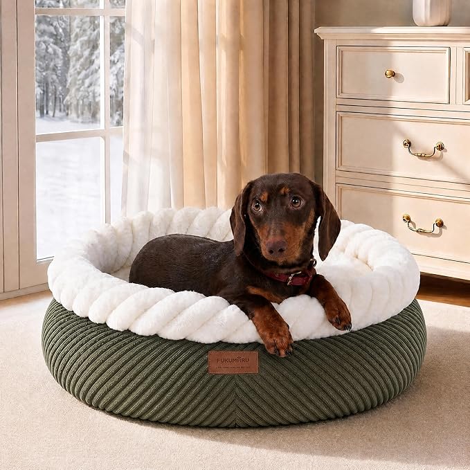 FUKUMARU Cat Bed, Calming Donut Dog Beds, Plush Faux Fur&Corduroy Kitten Beds, Cute Round Washable Pet Bed for Large Cats and Puppy, Cat Cave with Anti-Slip Bottom, 21inch, Green