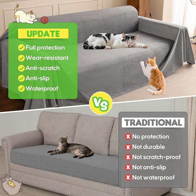 Loiion Velvet Sofa Cover, Ultra Soft Waterproof Non-Slip Couch Cover for Pets, Cat-Scratch Resistant Couch Cover, Pet & Kid Proof Scratch & Hair Resistant Washable Furniture Protector 134"X91" Grey