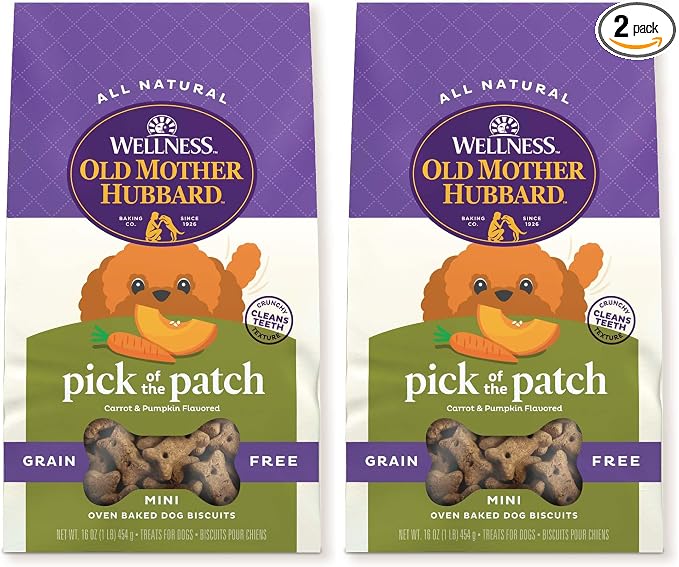 Old Mother Hubbard Wellness Classic Grain Free Pick of the Patch Dog Biscuits, Natural Training Treats, Pumpkin and Carrot Flavor, Mini Size. 16 oz Bag (Pack of 2)