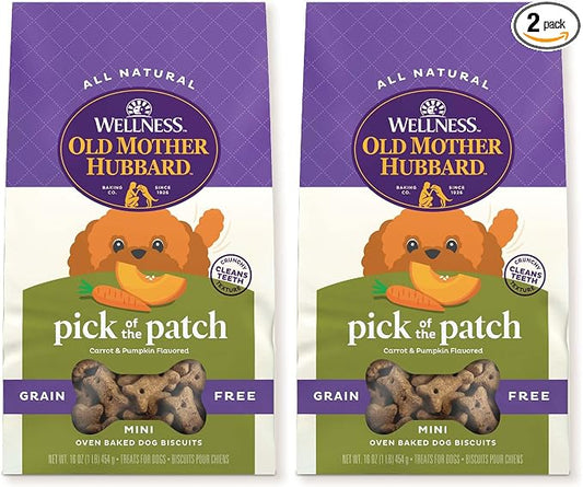 Old Mother Hubbard Wellness Classic Grain Free Pick of the Patch Dog Biscuits, Natural Training Treats, Pumpkin and Carrot Flavor, Mini Size. 16 oz Bag (Pack of 2)