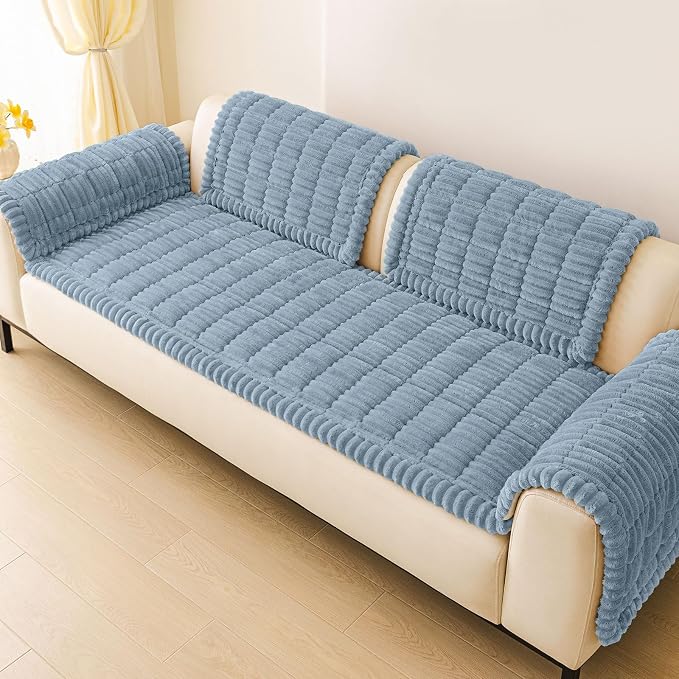 hyha Couch Cover for Dogs Washable, Non Slip Thick Flannel Sofa Protector, Pet Friendly Plush Furniture Cover for Sectional Sofa & Loveseat (Haze Blue, 27.6" x 27.6")
