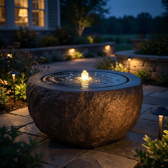 Sunnydaze Outdoor Water Fountain with LED Light - Polystone Round Bowl Bubbler Water Feature with Pump - 9.5" H - for Patio, Garden, Deck, Relaxation and Stress Relief - Brown