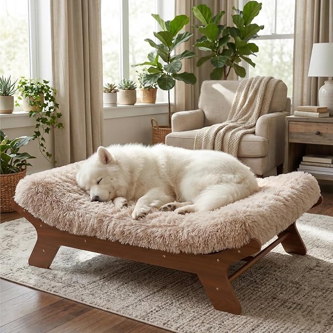 Muihood Wood Elevated Dog Bed Frame and Egg Crate Foam Mattress, Luxurious Suitable for Pets Up to 80 lbs, Walnut Grain Pattern, L