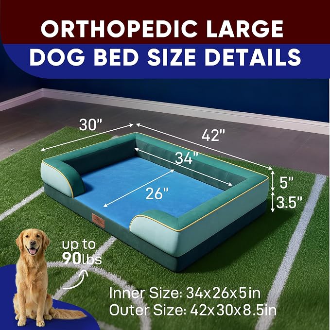Comfort Expression Orthopedic Dog Bed for Extra Large Dogs 42x30 Inch, Waterproof Egg Crate Foam XL Pet Bed with Bolsters, Dog Couch with Washable Cover & Non-Slip Bottom, Seattle