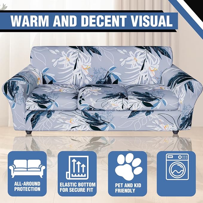 Stretch Couch Covers for 3 Separate Cushion Couch Sofa,Floral Printed Couch Sofa Cover,Washable Sofa Slipcover,Pet Friendly Furniture Protector with Elastic Bottom,Universal Fit for Home(Sofa,Cover)