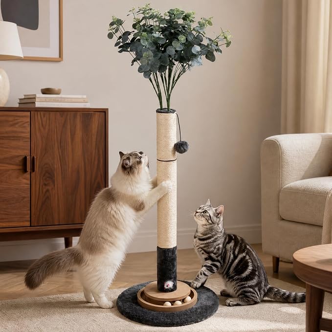 35 Inch Cat Scratching Post, Eucalyptus Sisal Rope Cat Tree Tower with Hanging Ball & Interactive Mouse Toy, Durable Scratcher for Indoor Adult Cats