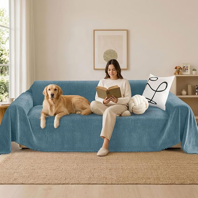 hyha Couch Cover for Dogs, Boho Sofa Covers for 3 Cushion Couch Washable, Chenille Sofa Slipcover for Pets, Soft Loveseat Sectional Couch Throw Blankets with Tassels (Blue, 71x118 Inch)