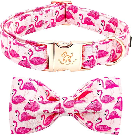 Elegant little tail Dog Collar, Pink Flamingos Dog Collar with Bow Girl Cotton Bowtie Spring Pet Collars Gift Adjustable Pet Collars for Large Dogs