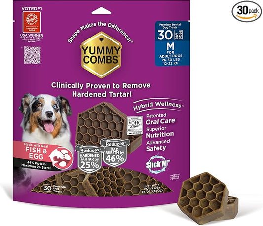 Yummy Combs Dog Dental Treats – Fish & Egg Protein – Vet VOHC Approved, Removes Tartar – A Daily Teeth Cleaning Treat for Medium Dogs (30 Count)