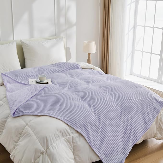 Bnuitland Fleece Throw Blanket for Couch, 300GSM Soft Warm Cozy Fluffy Throw for Adults & Kids, Stripe Pattern, All Season Sofa Bed Blanket for Home Decor, Light Purple 50"x70"