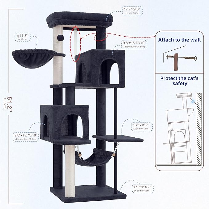 Gitelsnour 51.2'' Cat Tree Tower, Cat Tower with Scratching Post, Sturdy Steel Pube Cat Tree for Inoor Cats Large Adult, Cat Hammock and Basket, Padding Top Platform, Smoky Gray GCT014G