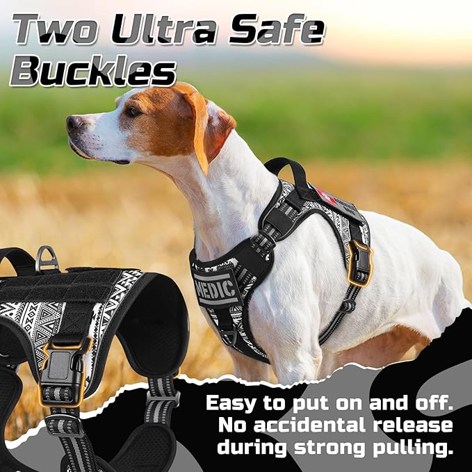rabbitgoo Tactical Dog Harness for Large Dogs, No Pull Military Service Vest with Handle & Molle, Easy Control for Training Walking, Adjustable Reflective Straps, Black & White Geometric, M