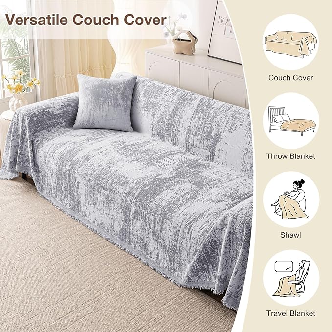 hyha Couch Cover for Dogs, Boho Sofa Covers for 3 Cushion Couch Washable, Chenille Sofa Slipcover for Pets, Soft Loveseat Sectional Couch Throw Blankets with Tassels (Grey/White, 71x134 Inch)