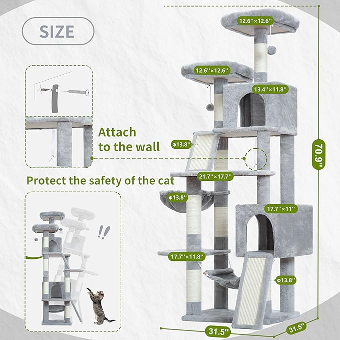 Gitelsnour Cat Tree for Indoor Cats, 71'' (180cm) Multi-Level Cat Tower for Large Adult, Sturdy Cat Tree House with 2 Scratching Boards 7 Posts, 2 Plush Perches/Condos, Hammock, Light Gray GCT032W