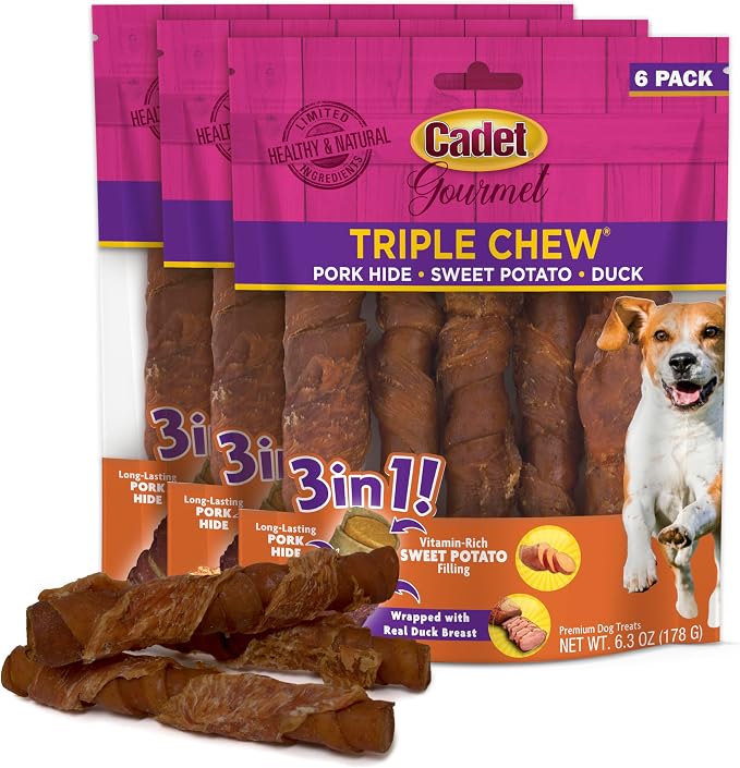 Cadet Gourmet Triple Chews Long-Lasting Pork Hide Sticks with Sweet Potato and Duck, Healthy Dog Treats for Small & Large Dogs, 18 Count