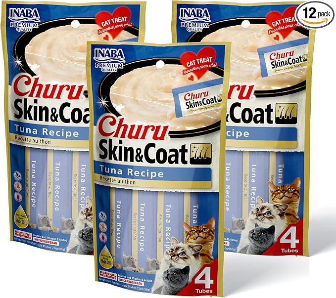 INABA Churu for Skin and Coat Lickable Purée Natural Cat Treats with Omega Oils, Taurine and Green Tea, 0.5 Ounces Each - Tuna Recipe (12 Tubes)