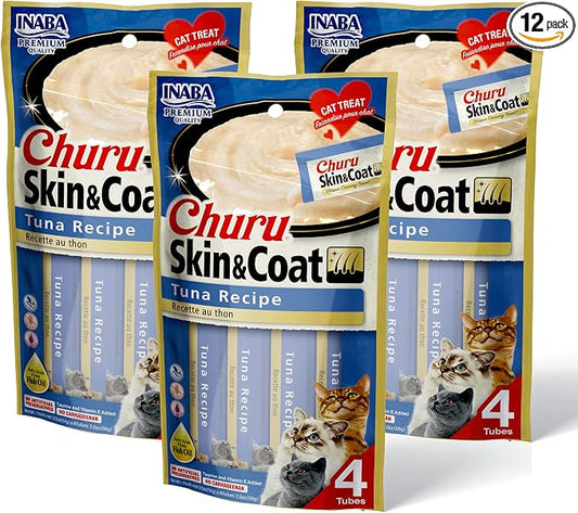 INABA Churu for Skin and Coat Lickable Purée Natural Cat Treats with Omega Oils, Taurine and Green Tea, 0.5 Ounces Each - Tuna Recipe (12 Tubes)
