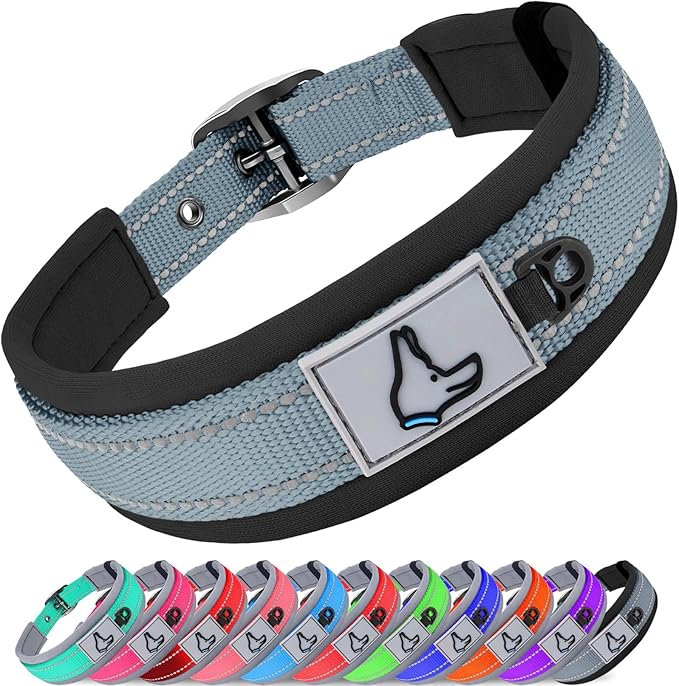 Joytale Dog Collar for Large Dogs, Neoprene Padded and Adjustable, Reflective Wide Heavy Duty Pet Collars with Durable Metal Belt Buckle for Walking, Gray, L