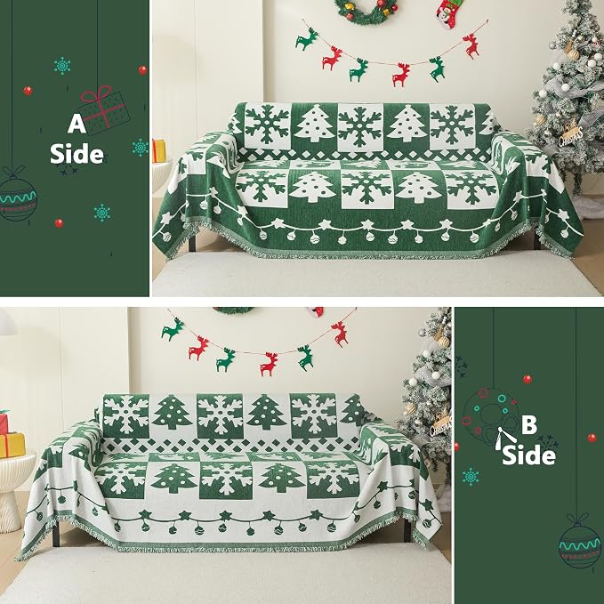 MEETSKY Christmas Green Couch Cover for Sectional Sofa, Chenille Loveseat Sofa Covers Washable for Pet Friendly Snowflake Christmas Tree Decorative Couch Covers, 71" x 118"