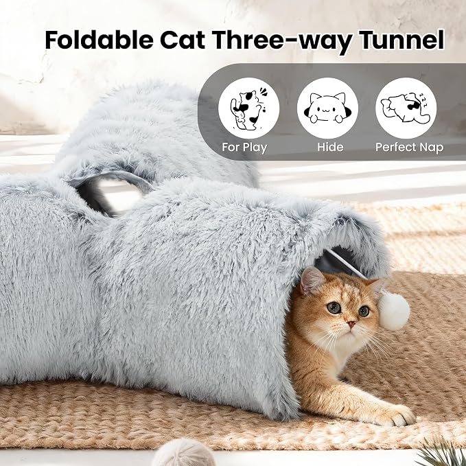 Tempcore Plush Cat Tunnel for Indoor Cats, 3 Way Collapsible Pet Play Tunnel with Teaser Wand, Peek Holes & Hanging Ball, Interactive Tube for Kittens & Rabbits, Light Grey