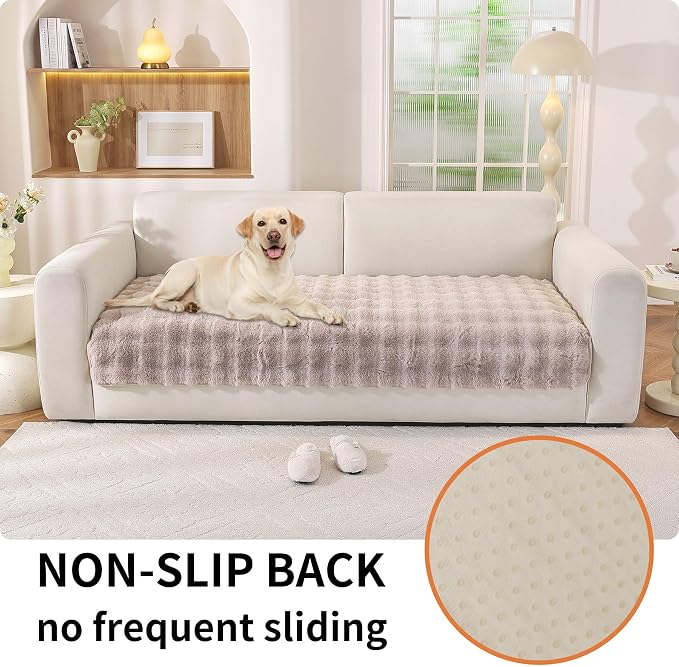 Waterproof Dog Bed Cover Non Slip Couch Covers for Dogs Washable Soft Faux Fur Sofa Cover Couch Covers for 3 Cushion Couch Sofa Pet Friendly (Khaki)