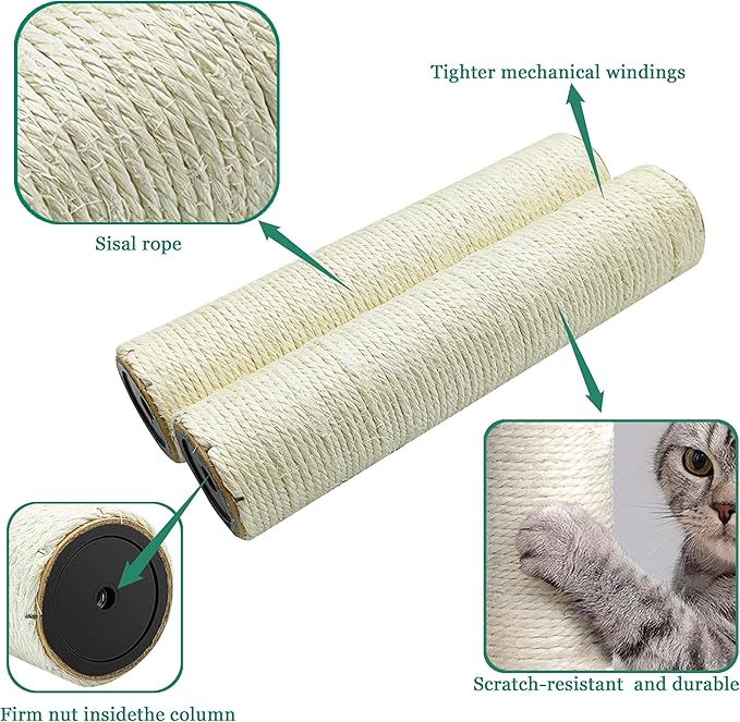Cat Scratching Post Replacement Pole, 2 PCS 11.81in Cat Tree Replacement Post, Natural Sisal Cat Tree Replacement Parts with M8 Screws, Cat Scratch Post Replacement for Refurbishment (11.8in)