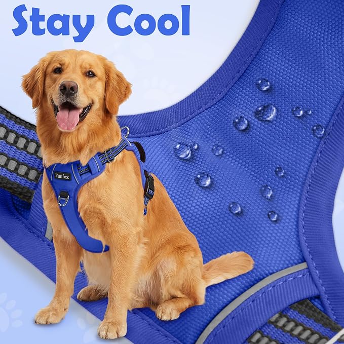 Funfox Dog Harness No Pull, Adjustable Pet Vest Harness, Super Soft Material with Vertical Handle Easy Control, Reflective Night Walking, 2 Leash Clips for Medium Sized Dogs, Blue, M