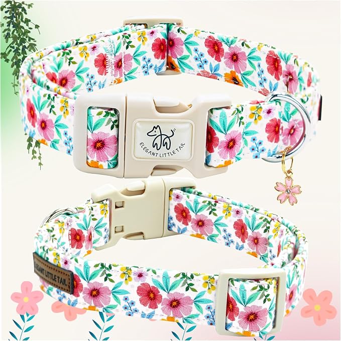 Elegant little tail Dog Collar, Pink Floral Print Pink Puppy Male Adjustable Cotton Pet Collar with Quick Release Buckle for Small Medium Large Dogs