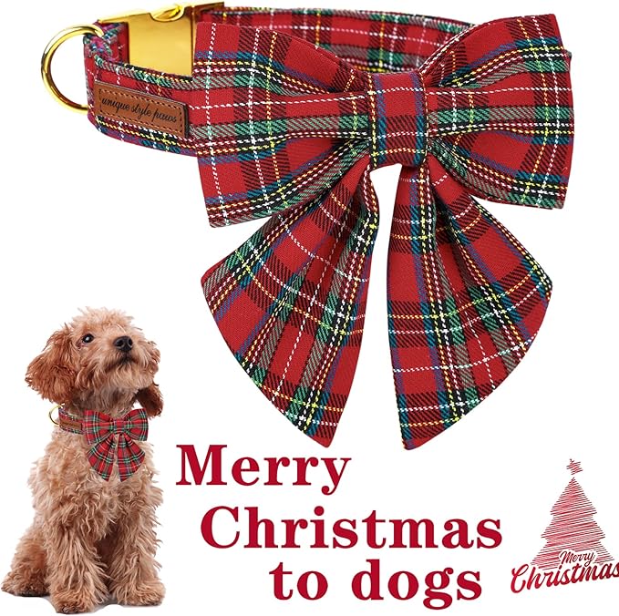 Unique style paws Christmas Dog Collar with Bow Tie Scottish Plaid Puppy Collar for Small Medium Large Dogs as Holiday Autumn Winter Gifts-L
