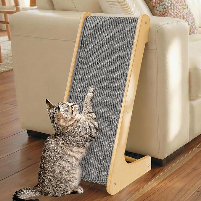 PETKARAY L Shape Cat Scratcher, Sisal Kitty Scratching Ramp, Vertical Scratch Pad for Indoor Cats, 25.2" Furniture Protector with Catnip, Grey