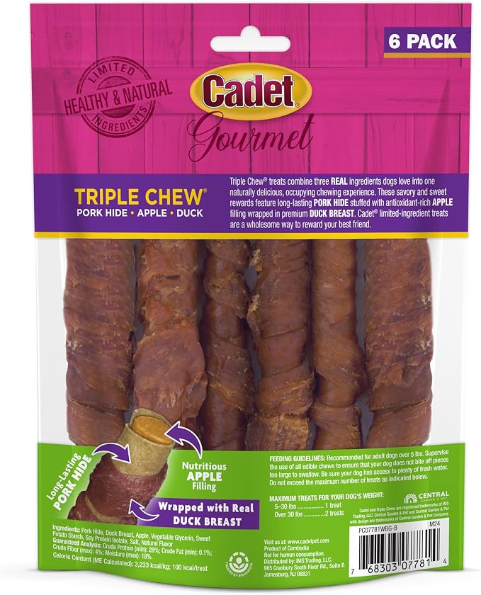 Cadet Gourmet Triple Chews Long-Lasting Pork Hide Sticks with Apple and Duck, Healthy Dog Treats for Small & Large Dogs, 6 Count