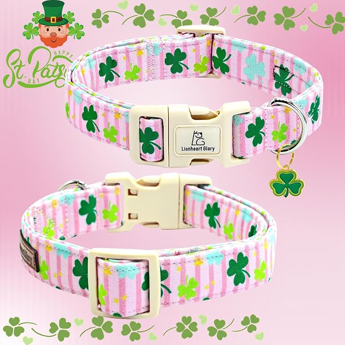 Lionheart glory St. Patrick's Dog Collar-Lucky Clover Shamrock Pink Spring Trefoil Dog Collar for Medium Dogs Adjustable Heavy-Duty Dogs Collars Pet Gift Female