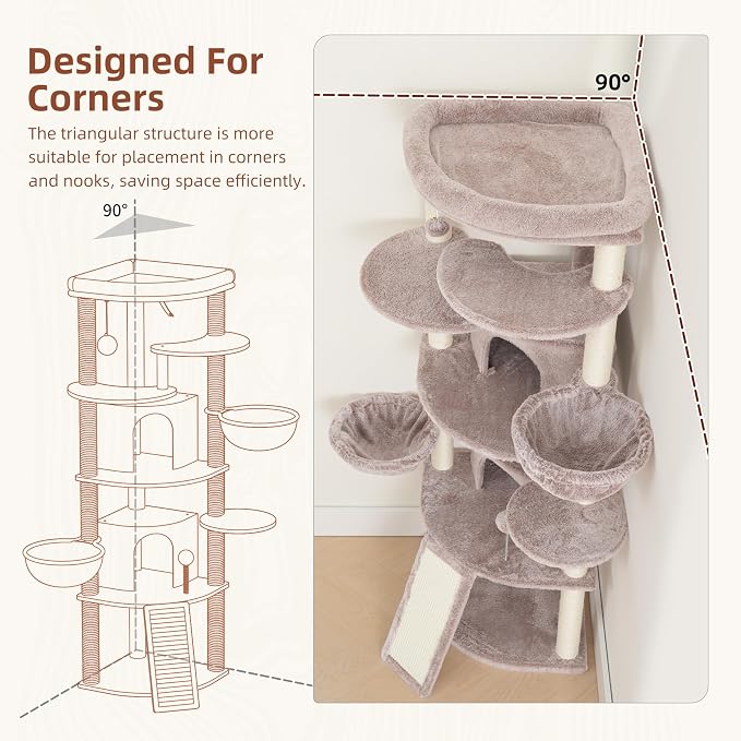 Gitelsnour Corner Cat Tree for Indoor Cats, Cat Tower with All Sisal Scratching Posts, Multi-Level Cat Condo wth 2 Large Cat Caves, Big Top Perch, 2 Hanging Baskets, Sisal Ramp, Mushroom GCT035MU