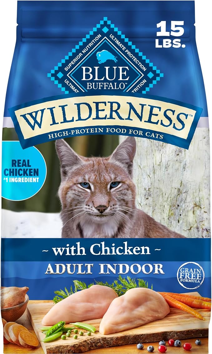 Blue Buffalo Wilderness Chicken Natural High-Protein Grain-Free Dry Food for Adult Indoor Cats, Real Chicken First, Antioxidant-Rich LifeSource Bits Support Immunity, Promotes Strong Muscles, 15 lbs.