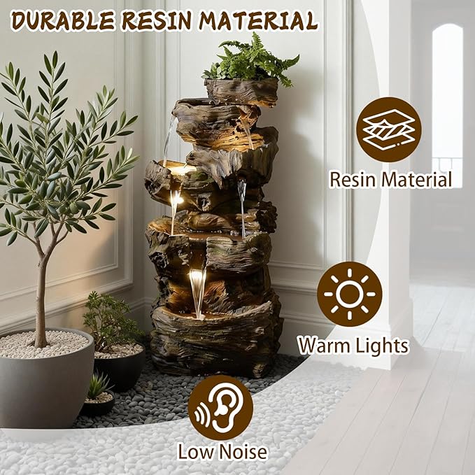 Sunlinua 40" H Outdoor Water Fountain with 5 Tiers Large Cascading Realistic Tree Trunk Waterfall Fountains with LED Lights Outdoor Water Fountain for Garden Patio Backyard Porch Home Decor