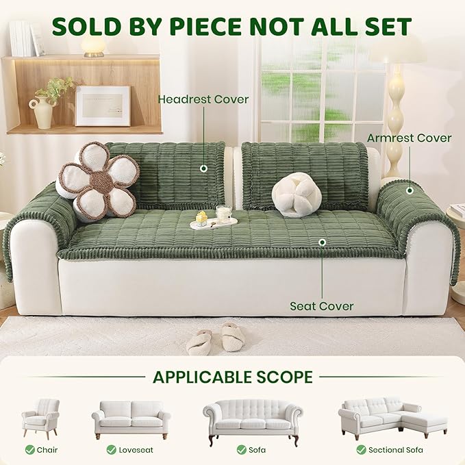 Royhom Chair Cover for Dogs, Thick Soft Couch Arm Cover, Headrest Armrest Covers, Furniture Cover for Pets Recliner Loveseat Leather Cushion L Shaped Couch (Green, 27.6 x 27.6 Inch)