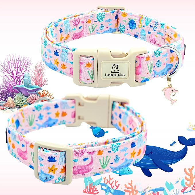 Lionheart glory Dog Collar Sea Animals Print Pink Dog Collars Male or Female Spring Summer Cute Collar Pet Gift Durable Adjustable Dog Collar for Small Dogs