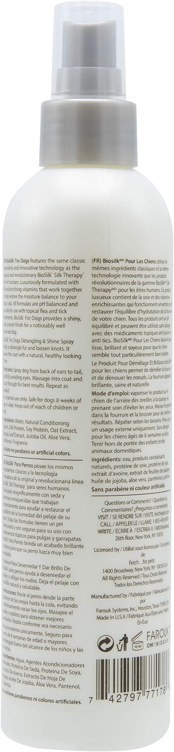 BioSilk for Dogs Silk Therapy Detangling and Shine Protecting Spray, pH Balanced Leave-In Mist with Silk and Vitamins for Dematting, Paraben-Free, All Coats and Breeds, 8 Fl Oz