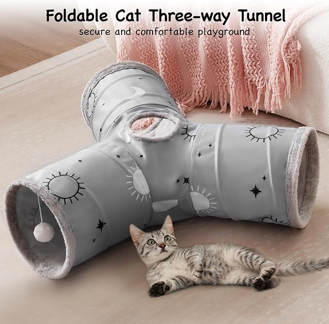 Tempcore Cat Tunnel for Indoor Cats, 3 Way Collapsible Pet Play Tunnel with Teaser Wand, Peek Holes & Hanging Ball, Interactive Tube for Kittens & Rabbits, Grey Sun