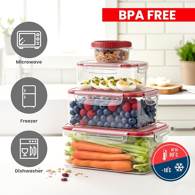 Utopia Kitchen Plastic Food Containers - Food Storage Containers with Airtight Lids - Reusable Lunch Boxes - Leak Proof (Red, Pack of 32)