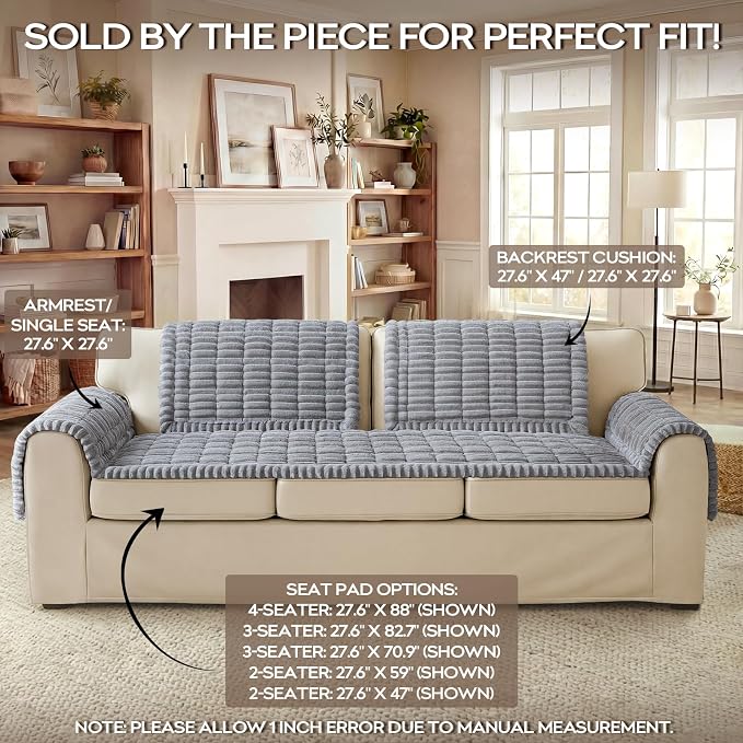 decorUhome Non-Slip Fuzzy Couch Cover for Dogs, Soft Thick Washable Pet-Friendly Protector, Sofa Slipcover for 3 Cushion Couch Sofa, Grey, 27.6" x 82.7"