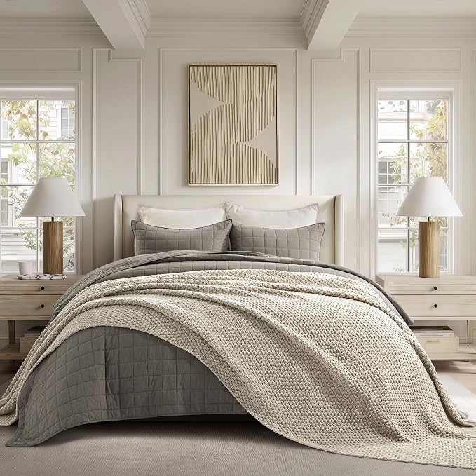 EVERGRACEHOME Chunky Polyester Knit Throw Blanket for Couch, Soft Luxurious Oversized King Moss Stitch Blanket for Bed, Large Cozy Farmhouse Knitted Throw for Sofa, Warm Gray, 108" x 92"