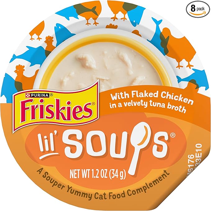 Purina Friskies Natural, Grain Free Wet Cat Food Lickable Cat Treats, Lil' Soups Flaked Chicken - (Pack of 8) 1.2 oz. Tubs
