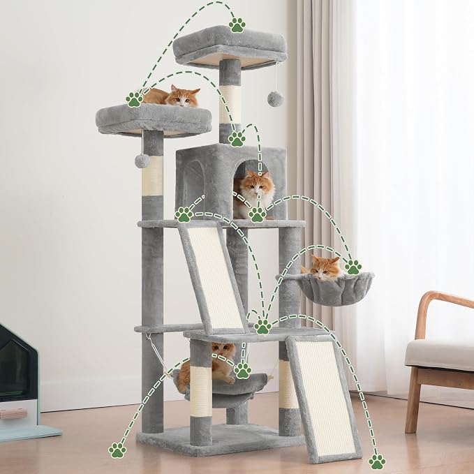 Gitelsnour Multi-Level Cat Tree for Indoor Cats, Cat Tower with 2 Scratching Boards, 2 Plush Padding Platforms, Cat Condo House with Hammock, Basket, Light Gray GCT022W