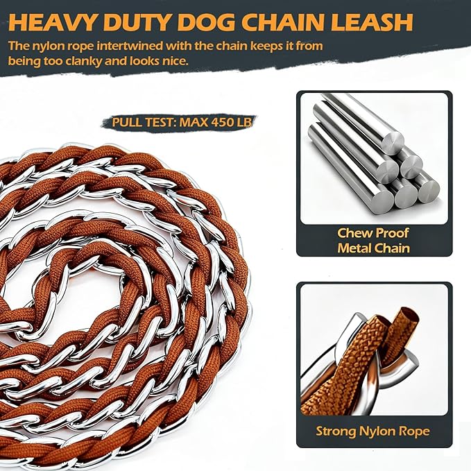 Chain Dog Leash Chew Proof Metal Leash for Medium Large Dogs, Chain Link Dog Anti Chew 5.2FT / 4FT Strong Anti Bite Comfortable Soft Padded Handle (Brown, 5.2FT(80-150lb))
